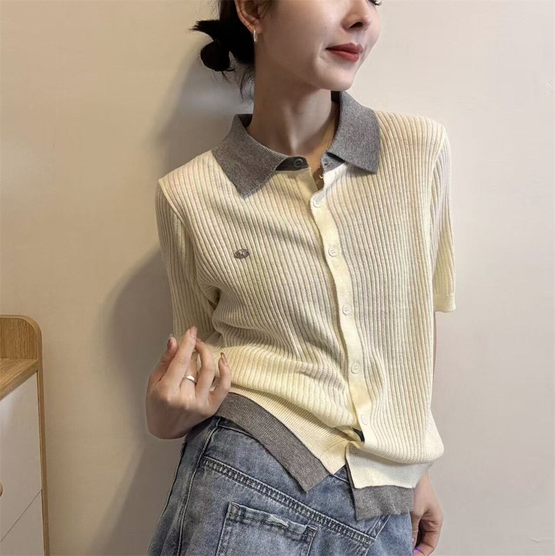 韩系撞色polo领假两件拼标短袖针织衫女2026春夏新款休闲百搭上衣