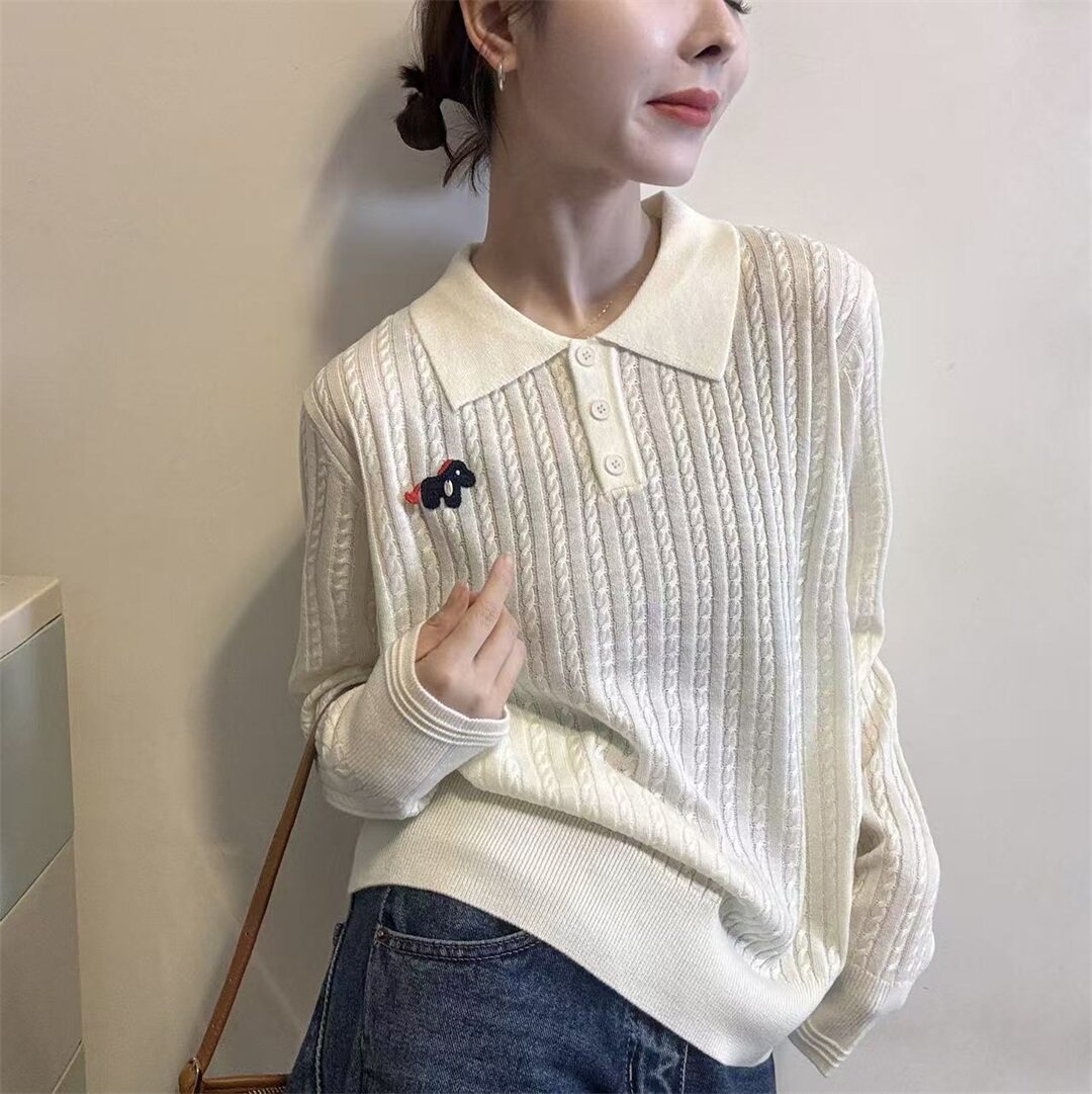学院风polo领麻花针织衫女春季新款刺绣毛衣宽松慵懒风百搭上衣潮