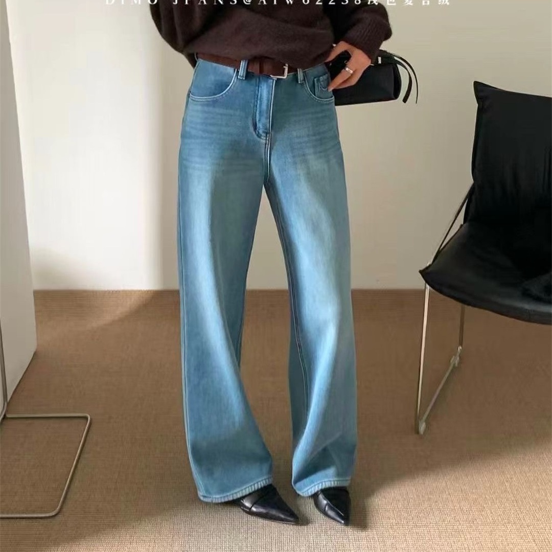 韩系高腰阔腿牛仔裤女长裤冬季新款植绒直筒显瘦时尚裤子潮62238
