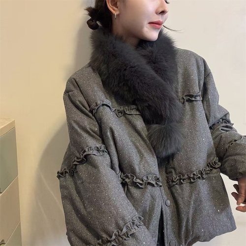 通勤风毛领可脱卸派克服女冬季新款木耳边烫钻保暖小个子棉衣外套