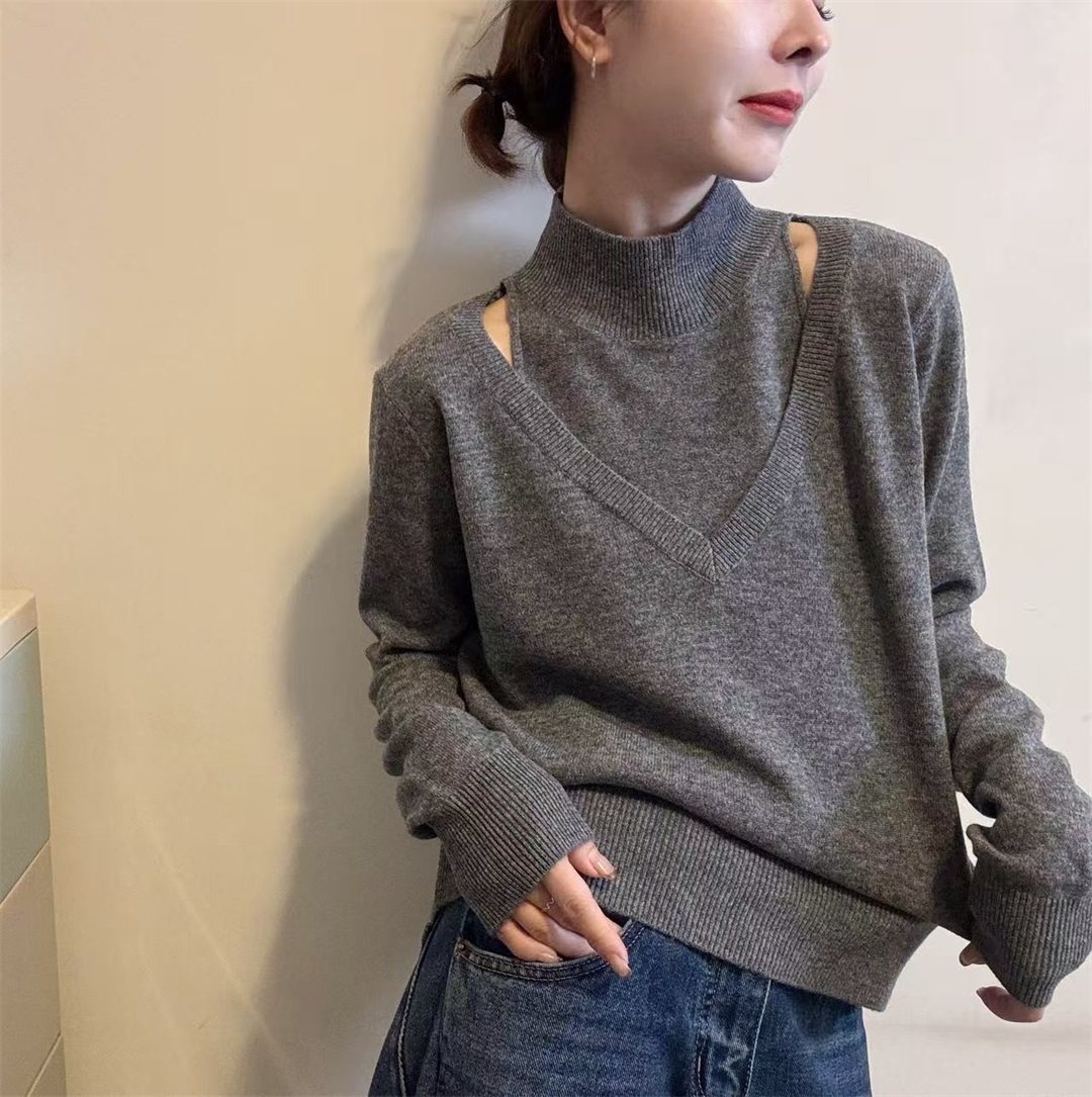 温柔风高级挂脖立领镂空露肩高级打底毛衣女冬季款洋气针织衫上衣女装/女士精品毛针织衫原图主图