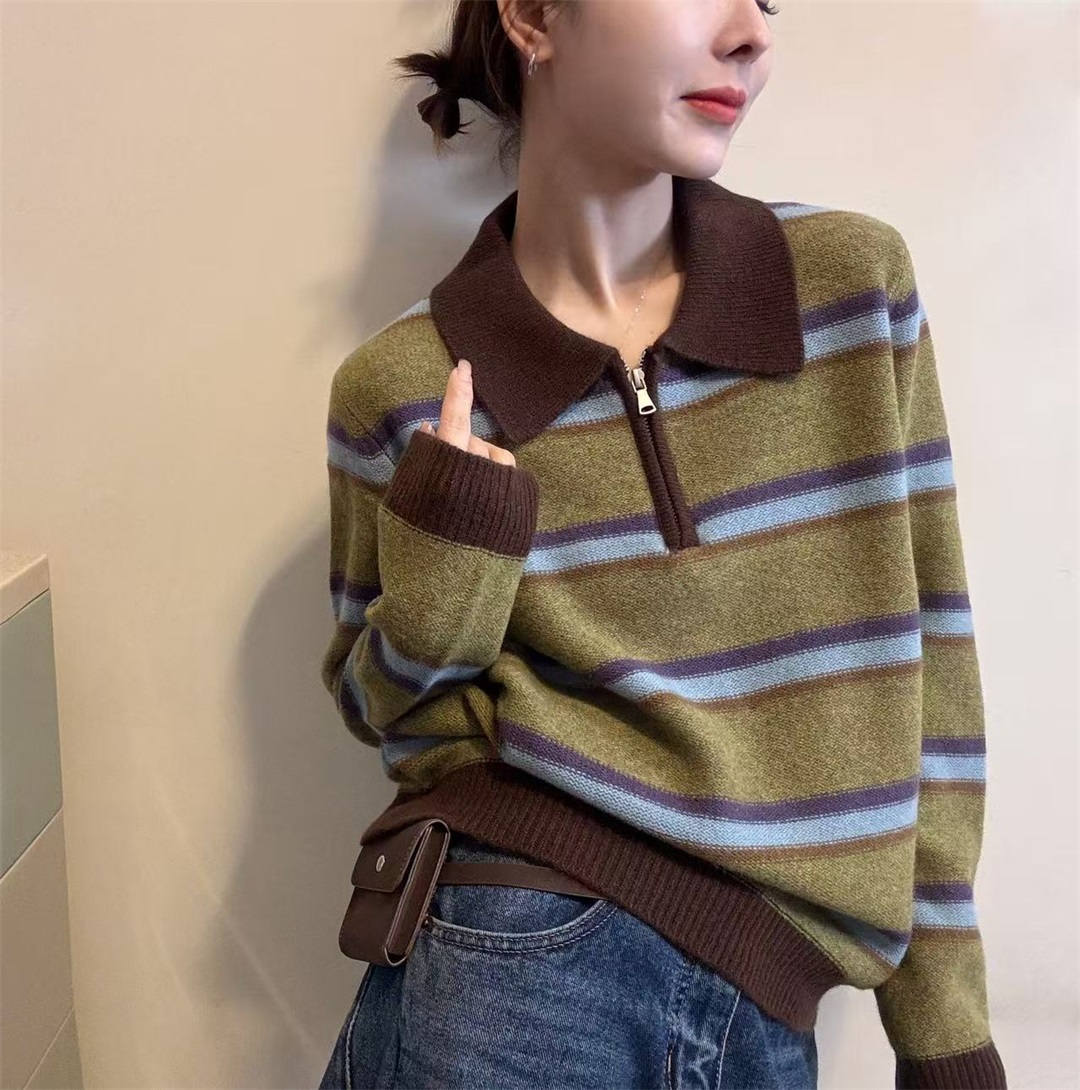 韩系正品撞色条纹翻领针织衫女冬季新款长袖polo衫羊毛打底毛衣潮