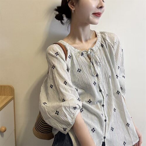 国风系带条纹刺绣衬衫女2026春夏新款灯笼袖宽松显瘦百搭减龄上衣