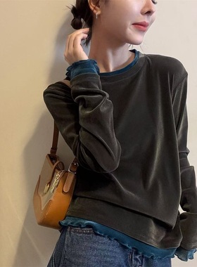 韩系撞色拼接圆领长袖打底丝绒女宽松显瘦假两件打底衫上衣31263