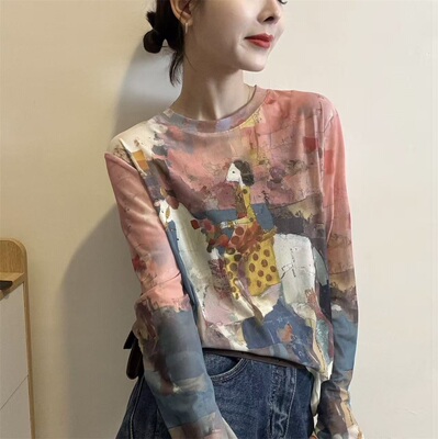 2026春季新款设计感印花渐变长袖T恤女韩系宽松显瘦百搭上衣31722