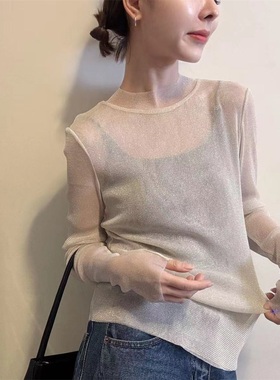 简约半高领长袖针织衫女春季新款薄纱拼接显瘦打底衫上衣潮31251