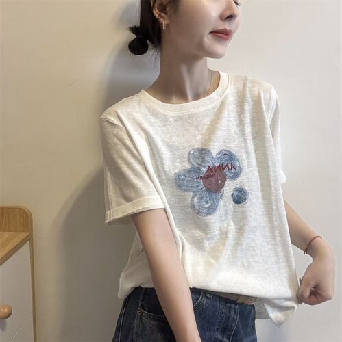 花朵印花圆领短袖T恤女2026夏季新款宽松百搭显瘦休闲上衣打底衫