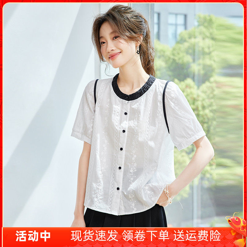 白色纯棉短袖衬衫女夏薄款2025新款宽松减龄上衣时尚洋派休闲衬衣