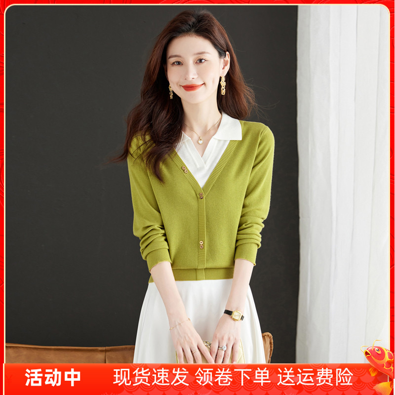 翻领针织衫上衣女短款宽松洋派假两件毛衣外穿长袖薄款羊毛打底衫