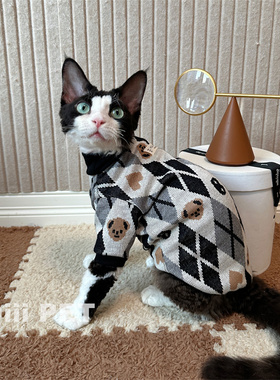 HOiii PET 秋冬复古格子小熊高领毛衣德文衣服无毛猫衣服保暖舒适