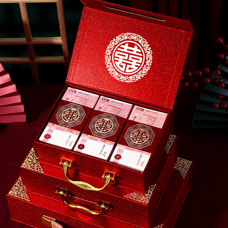 彩礼钱盒子男方订婚礼金箱10万现金彩礼盒聘金20万酒红植绒聘礼盒