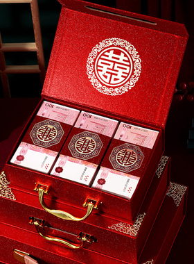 彩礼钱盒子男方订婚礼金箱10万现金彩礼盒聘金20万酒红植绒聘礼盒