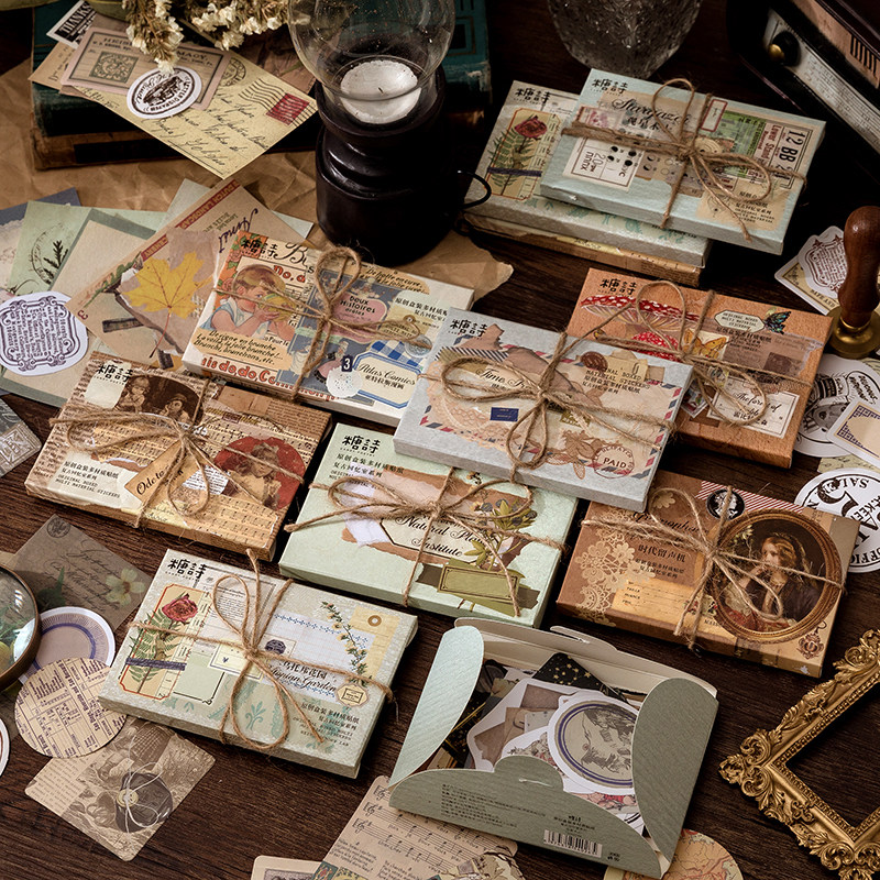 糖诗盒装贴纸 复古回忆室 欧美混合材质手账拼贴手工手作素材60张