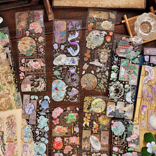 Infeel.me长条PET贴纸 小园香径 立体烫金古风花伞扇子小景手账贴