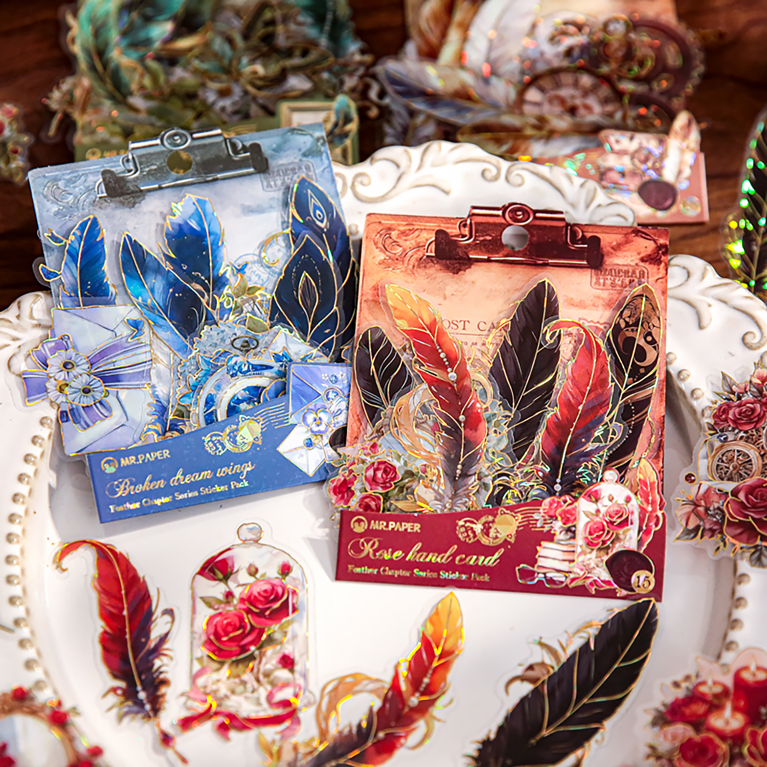 纸先生PET贴纸包 羽翼章序 烫金复古羽毛齿轮手账DIY拼贴装饰