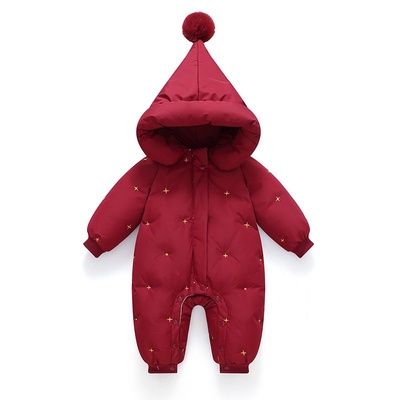 2025男宝女宝婴儿羽绒服连体衣婴幼儿爬服加厚新生儿红色拜年服