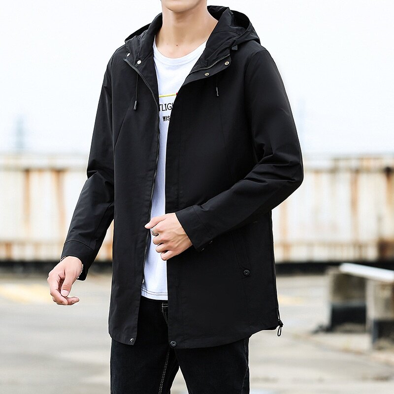 秋季外套男2025新款男士中长款连帽休闲夹克胖子纯色时尚大码男装
