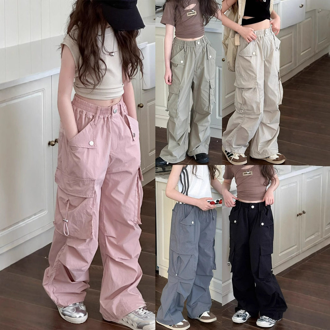 女童洋气工装裤春夏儿童休闲裤2025新款中大童宽松直筒裤男童裤子