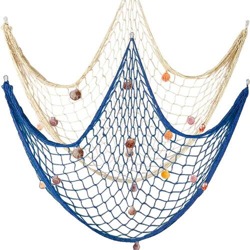 Natural fishing net decoration with seashell beach theme dec
