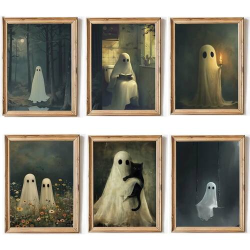 Retro Ghost and Black Cat Animal Canvas Prints Ghost Couple