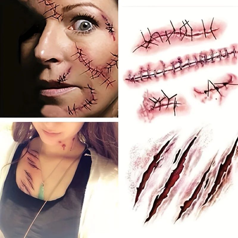 5/10pcs Halloween Scar Temporary Tattoo Stickers Red Blood C