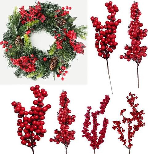 5Pcs Christmas Artificial Red Berries Pine Cone Branches For