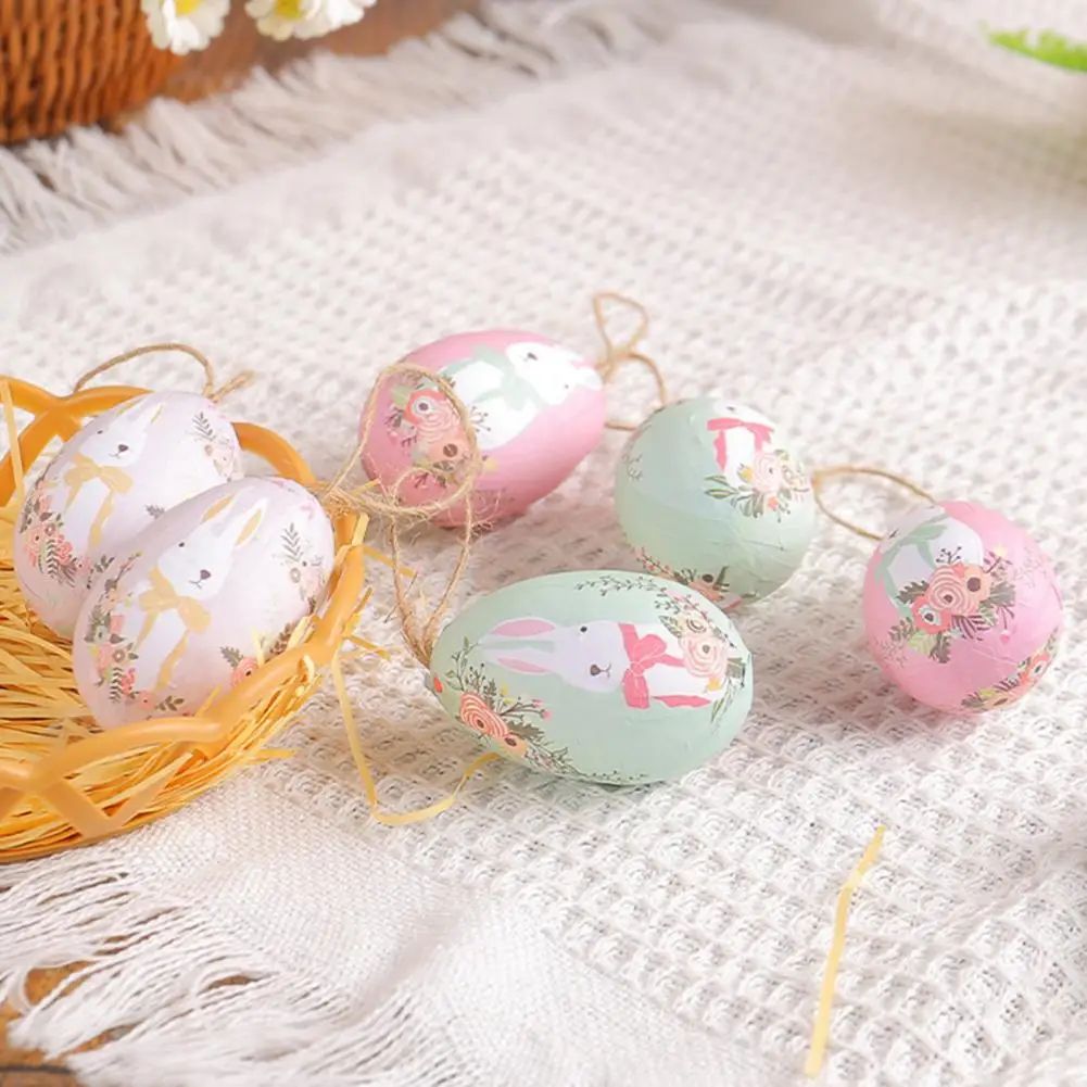 6Pc Plastic Easter Foam Eggs Bunny Painted Hanging Decoratio