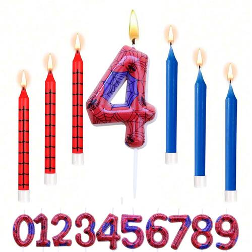 7pcs Red Blue Spider 4th Birthday Number Candles Number 4 Ca