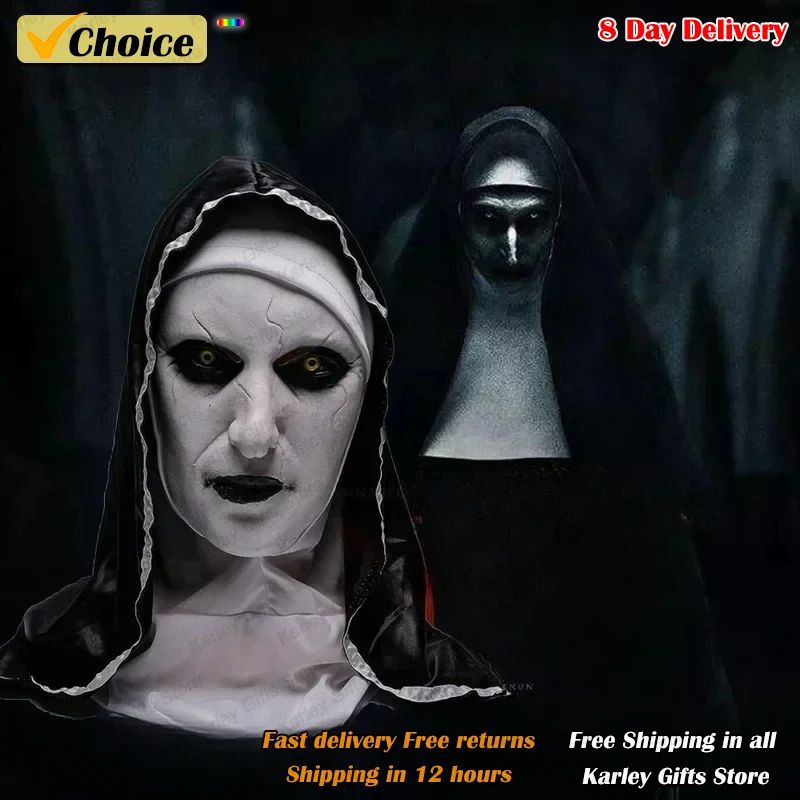 Scary Nun Mask Costume Horror Full Head Mask with Scarf Adul