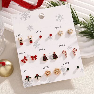 9 Pairs Of Women's Christmas Earrings Simple Rhinestone Enam
