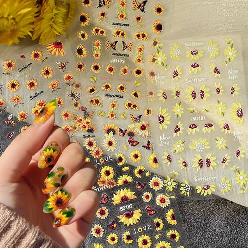 1Pcs 5D Embossed Sunflower Nail Art Stickers 10*6cm Daisy/Bu