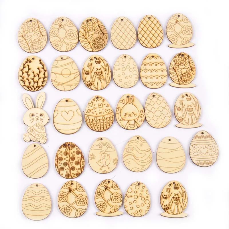 25Pcs 30-40mm Easter Eggs Rabbit Wooden Hanging Ornaments Cr