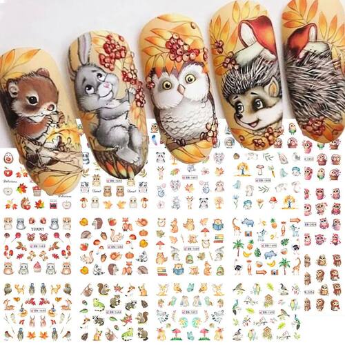12Design Autumn Animal Nail Art Water Sticker Cartoon Owl Sq