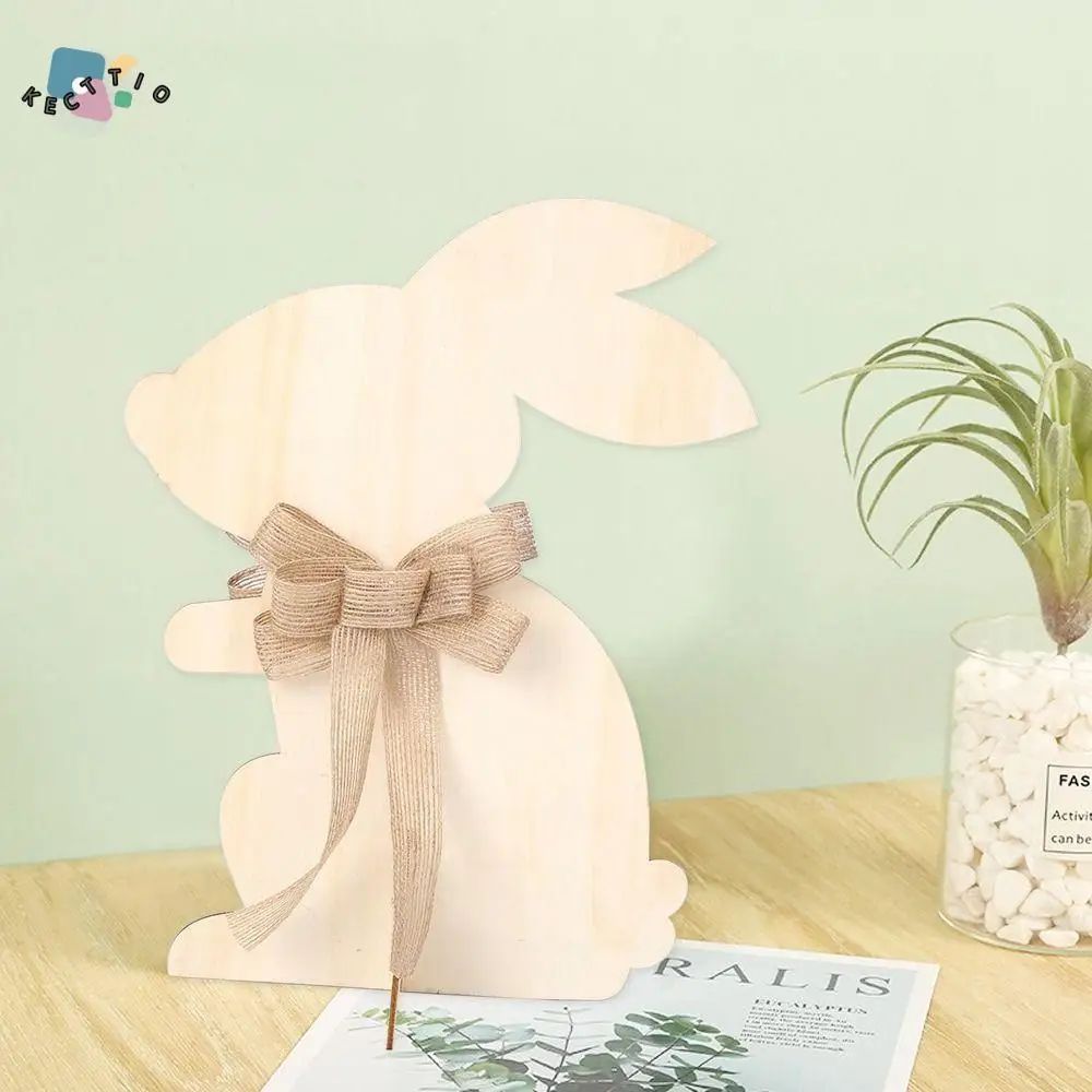 30cm Easter Wood Bunny Ornament Large Rooster Brown Bowknot