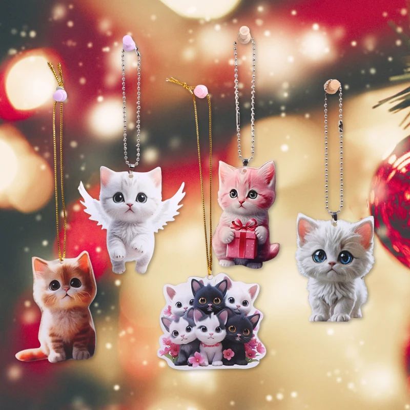 Cute 2D Cat Acrylic Christmas Ornament Car Rearview Mirror H