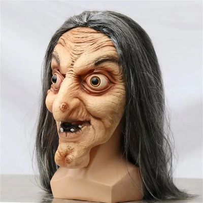 Scary Old Witch Mask Latex with Hair Halloween Fancy Dress G