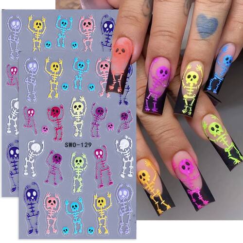 2pcs Skeleton Halloween Nail Stickers Cartoon Skull Heads Te