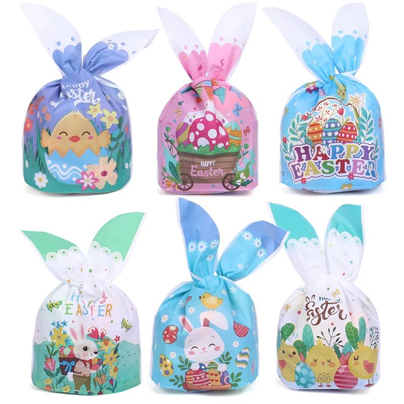 25/50pcs Easter Rabbit Ear Candy Cookies Bag Cute Bunny Eggs