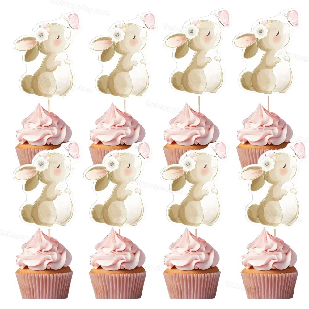13Pcs Butterfly Rabbit Cake Toppers Pink Cupcake Cake Decora