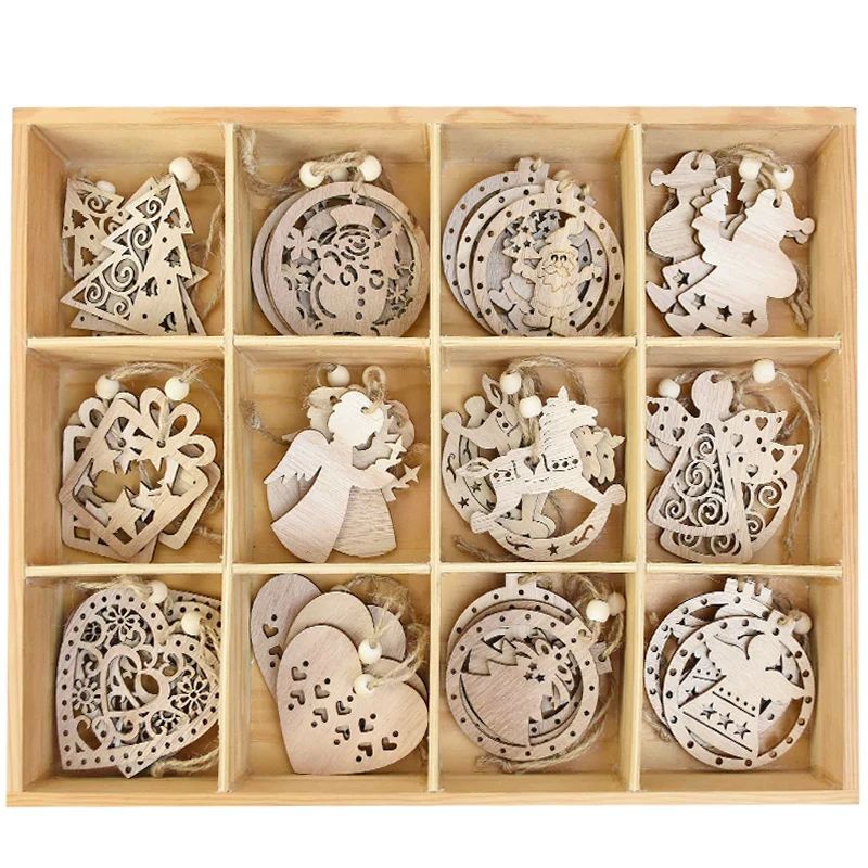 3pcs Vintage Christmas Wooden Pendants Ornaments DIY Wood Cr