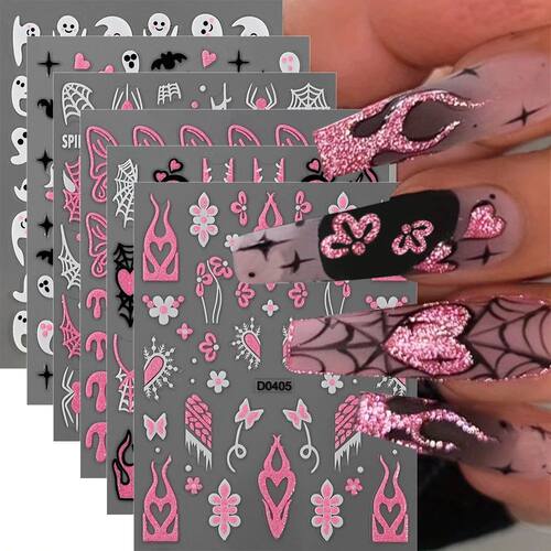6pcs/set Pink Heart Web Nail Sticker Cute Cartoon Glitter De