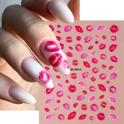 1Pcs Pink Sexy Lips Valentine's Day Nail Stickers 3D Self-Ad