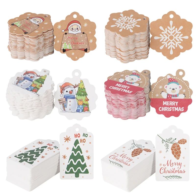 100Pcs Merry Christmas Kraft Paper Tag Gift Box Packaging La