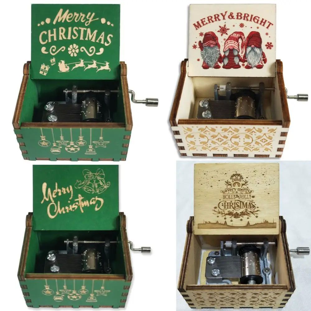Hot Christmas Theme Music Box Green Carving Wooden Hand Cran