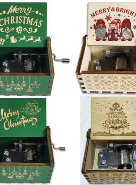 Hot Christmas Theme Music Box Green Carving Wooden Hand Cran