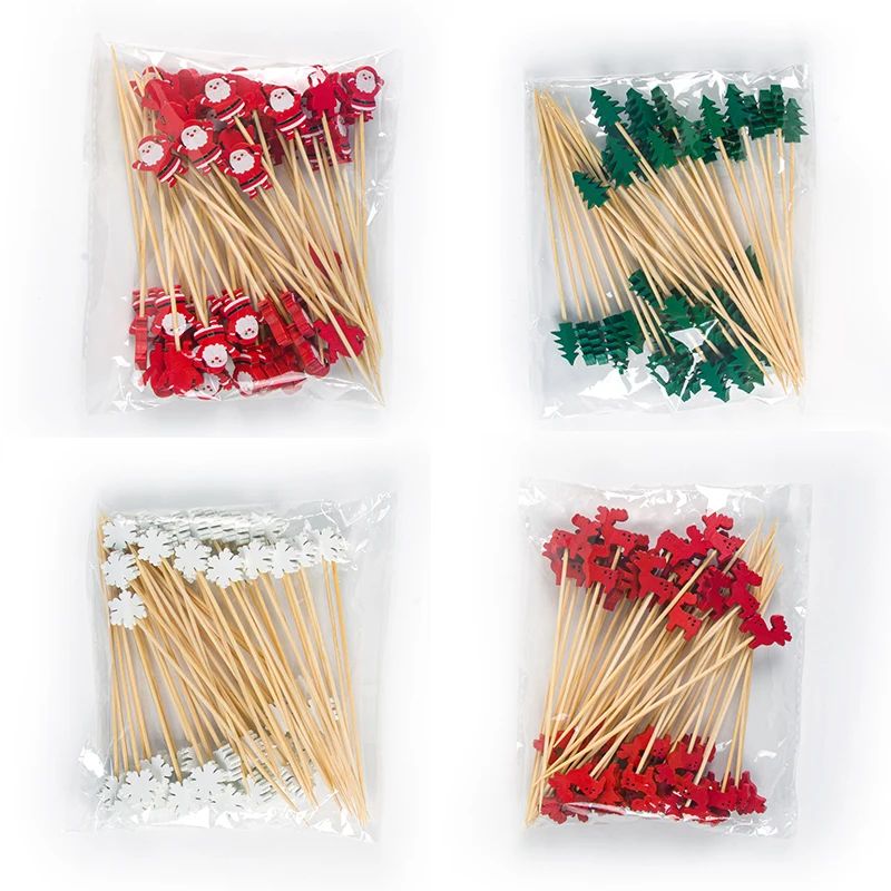 50pcs Christmas Disposable Bamboo Picks Santa Claus Fruit Fo