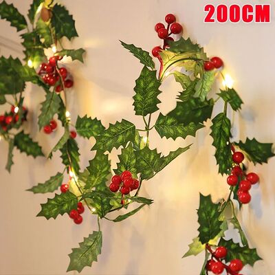 2M Christmas Garland With Light String Artificial Red Berrie