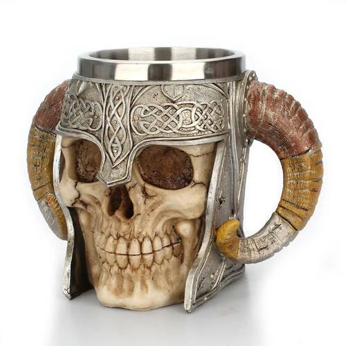 15OZ 3D Stainless Stel Skull Mug Viking Ram Horned Pit Lord