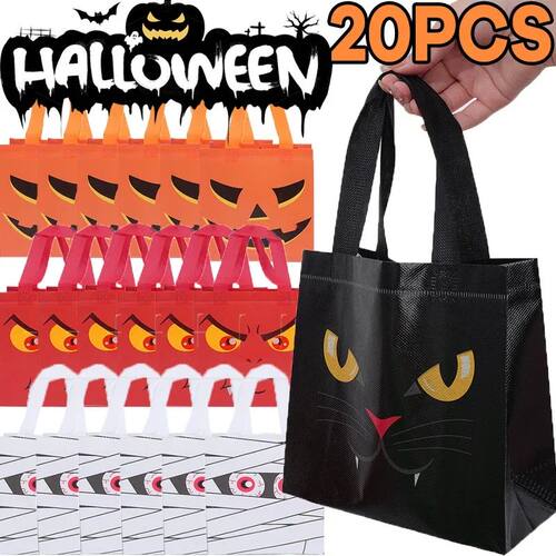 1-20pc Halloween Non-Woven Treat Bags Pumpkin Ghost Bat Mumm