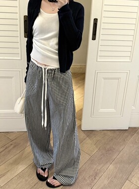 韩系格子裤女2026新款高腰显瘦直筒阔腿裤宽松休闲百搭拖地长裤子